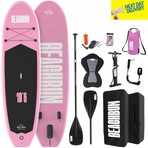 Pink Beachbum paddle board with accessories on a white background