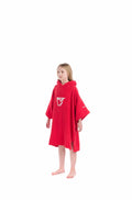 Child wearing a red hooded Buz poncho on a white background