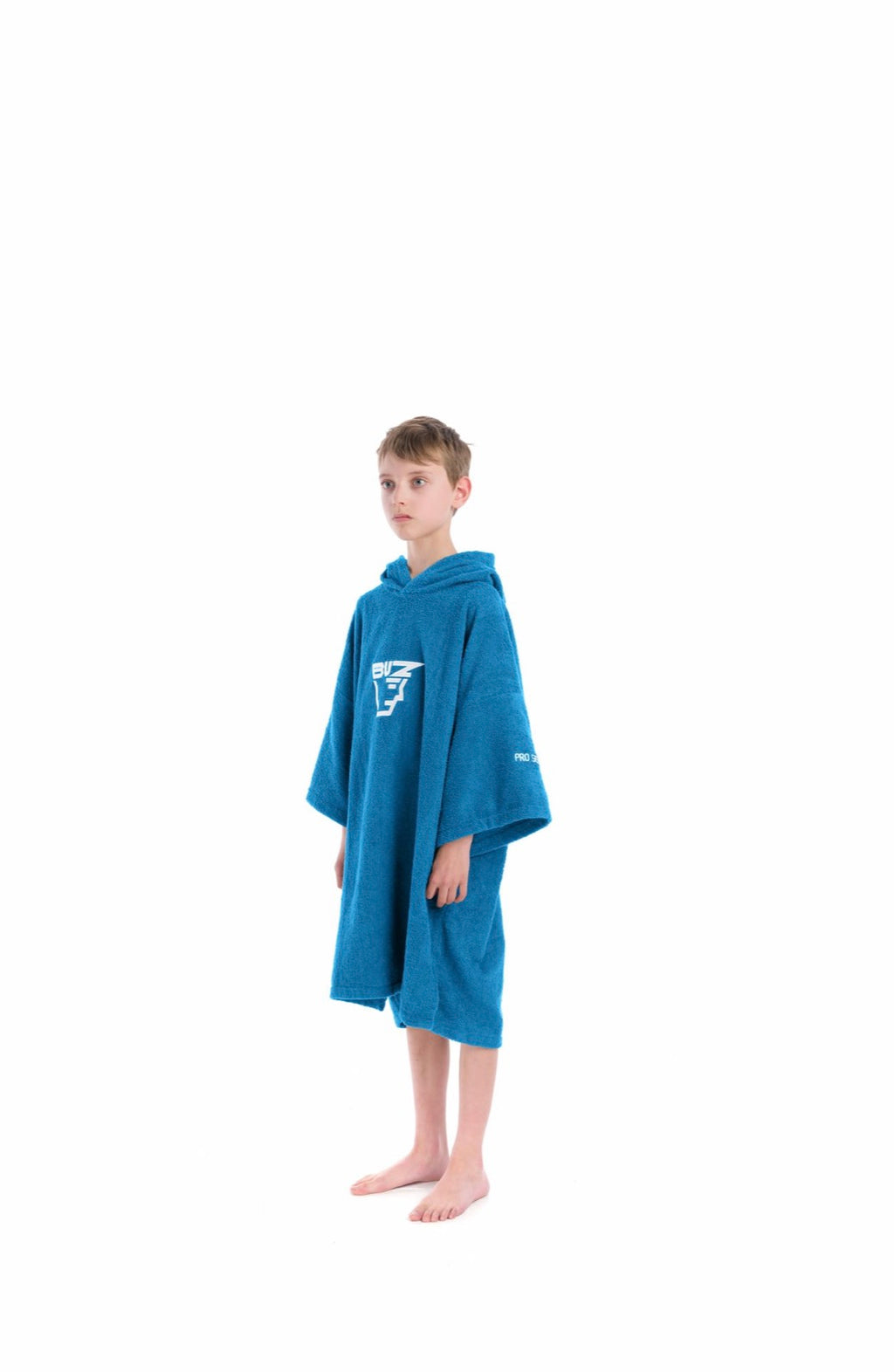 Child wearing a blue hooded towel on a white background