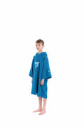 Child wearing a blue hooded towel on a white background