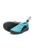 Turquoise water shoe with black sole on a white background