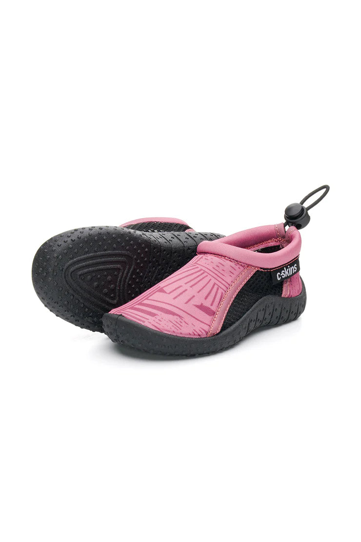 Pink and black beach shoes with a visible brand logo on a white background