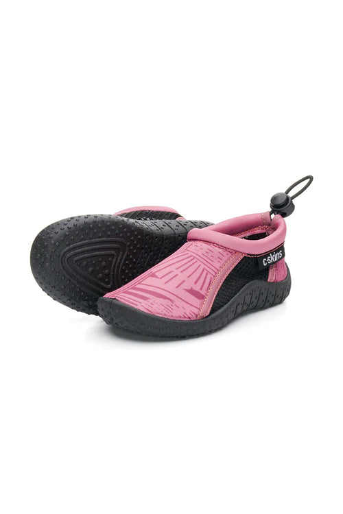 Pink and black beach shoes with a visible brand logo on a white background