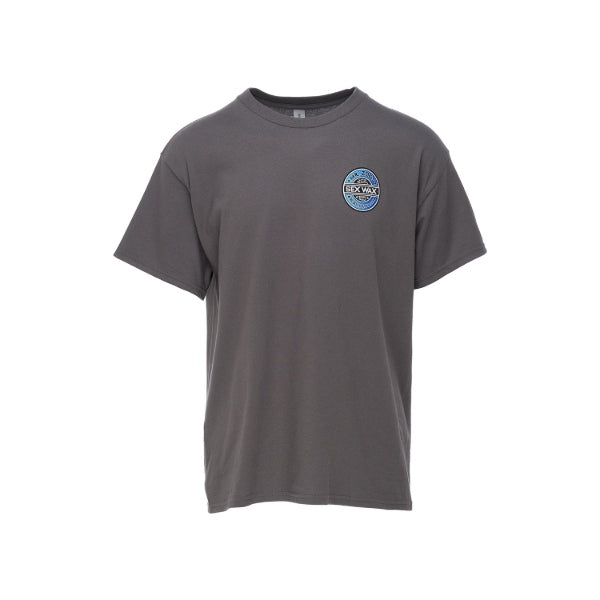 Gray sexwax t-shirt with a blue logo surf wax