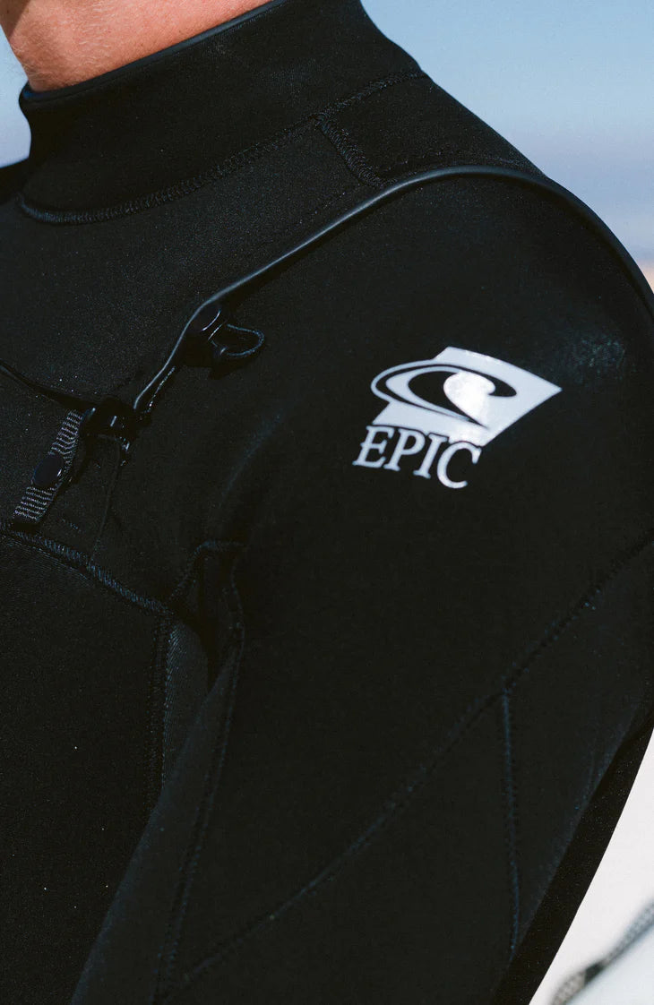 Black Oneill wetsuit with 'Epic' logo on a blurred background