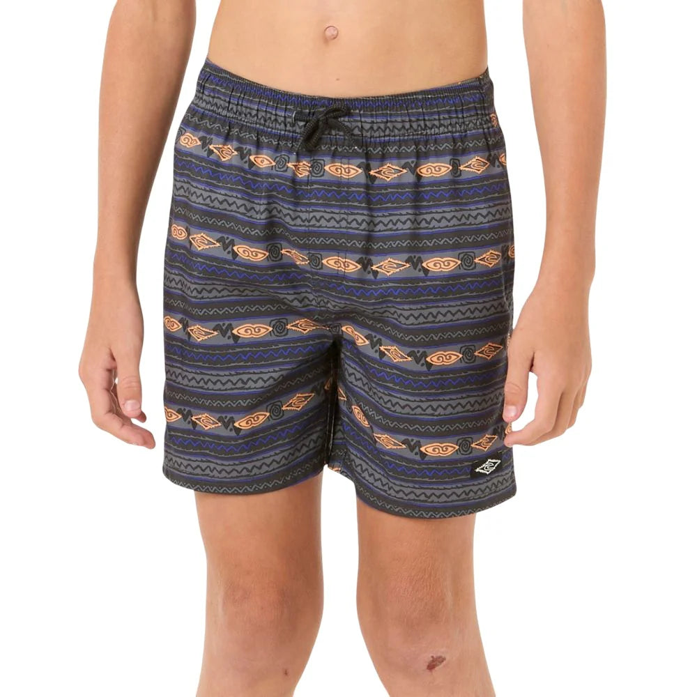 Patterned shorts worn by a young person on a white background