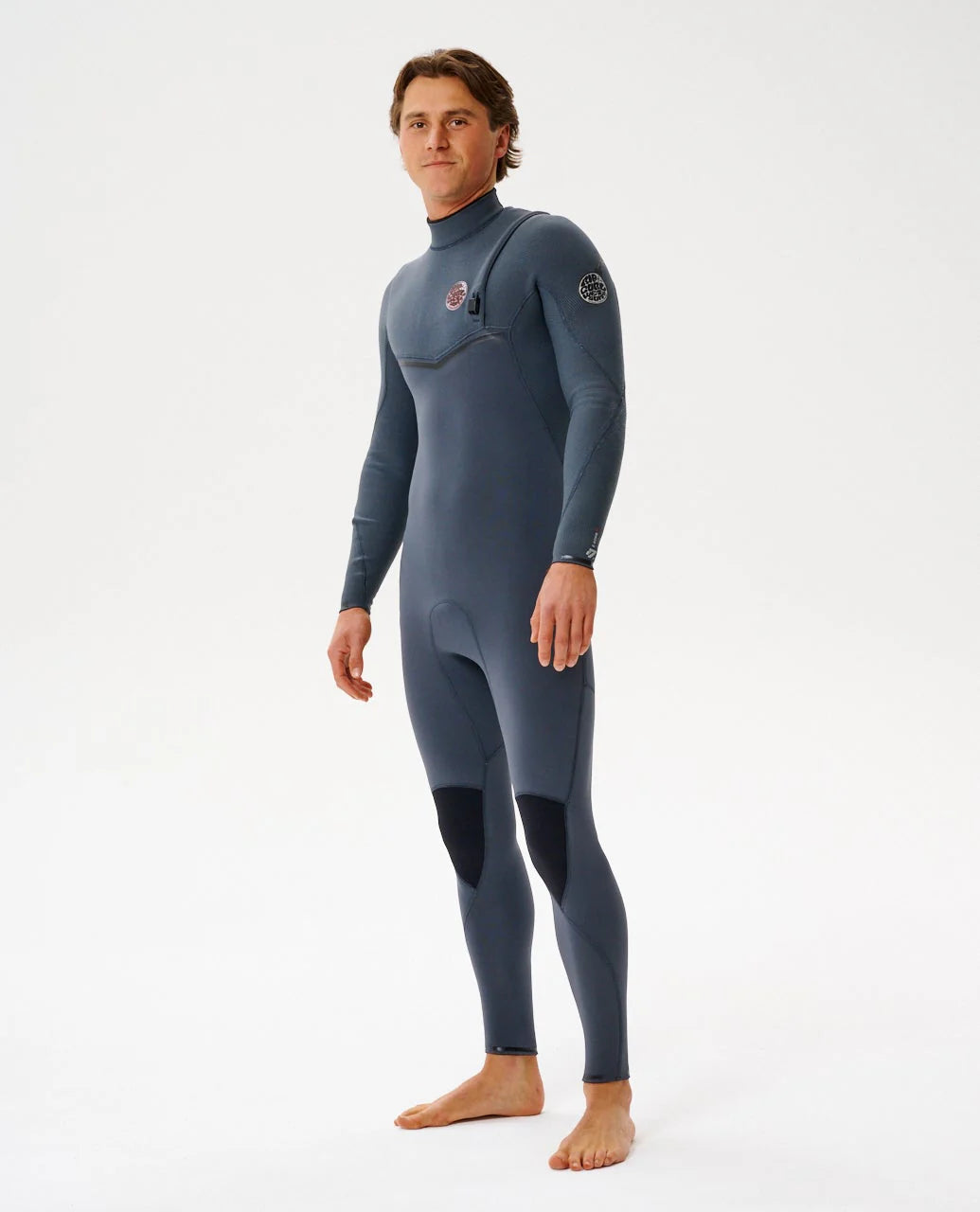 Person wearing a blue wetsuit on a white background