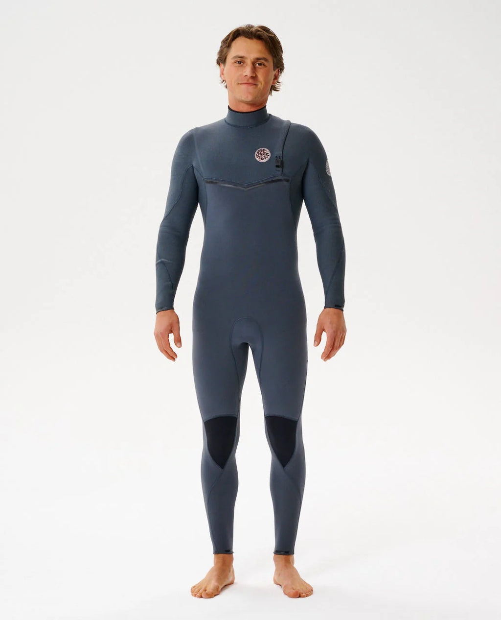 Person wearing a gray Ripcurl zipperless wetsuit on a white background