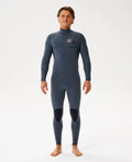 Person wearing a gray Ripcurl zipperless wetsuit on a white background