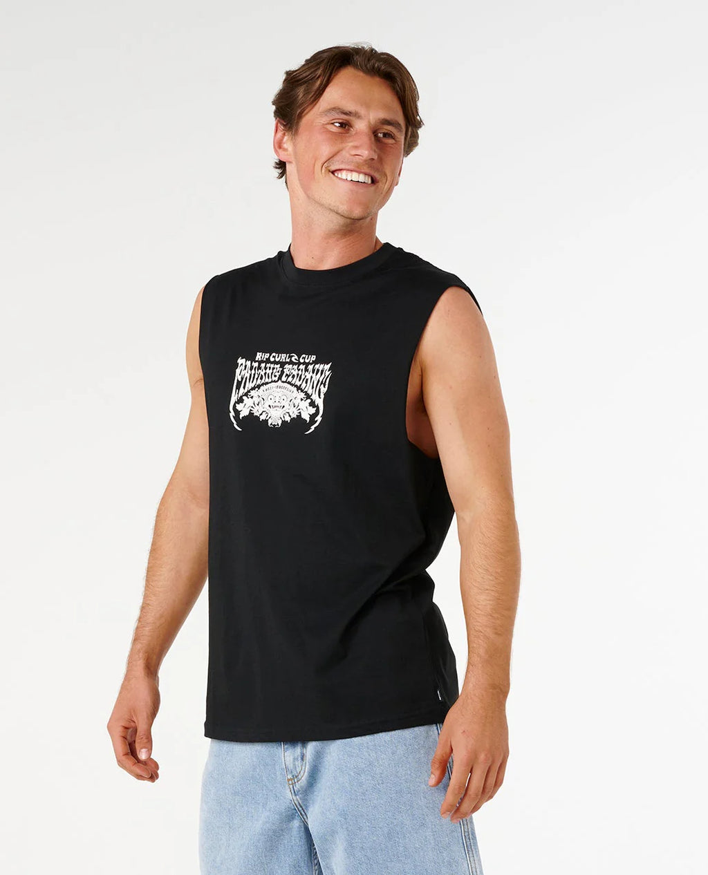 Man wearing a black sleeveless Ripcurl shirt with white text and graphics on a white background