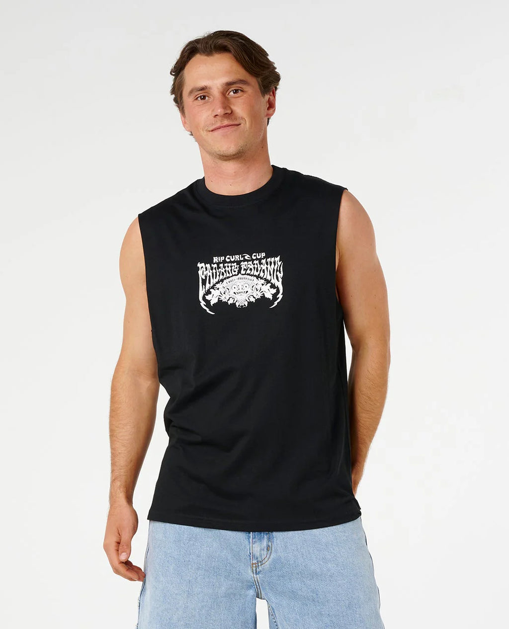Man wearing a black sleeveless Ripcurl tank top with white text and graphics on a plain background