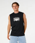 Man wearing a black sleeveless Ripcurl tank top with white text and graphics on a plain background