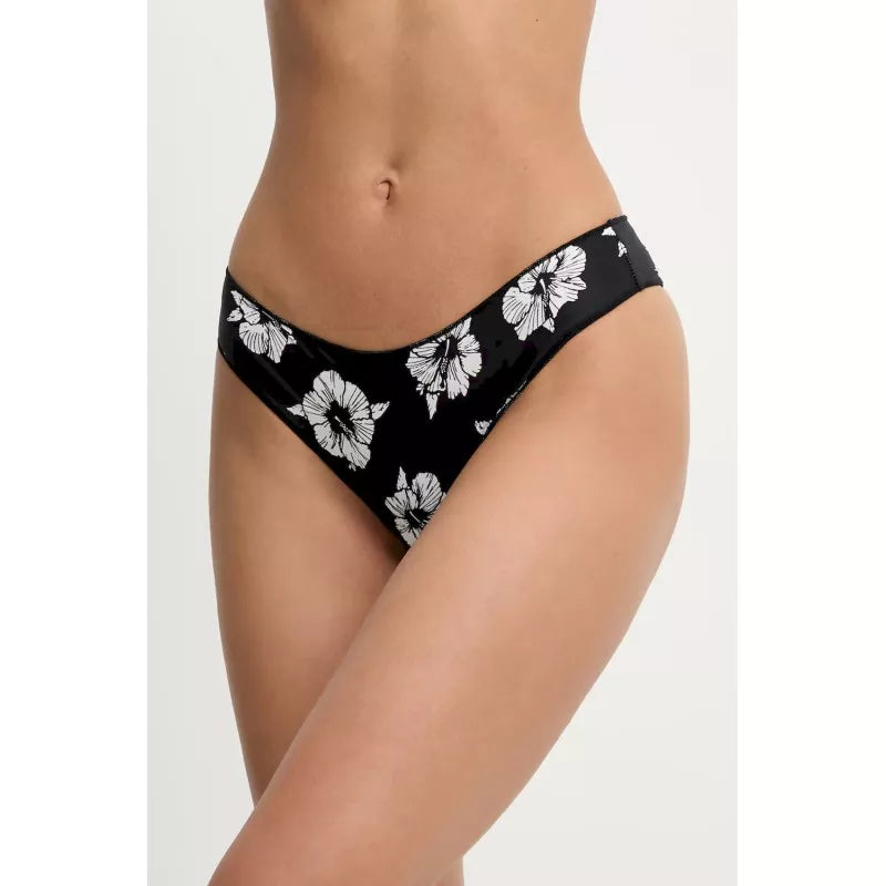 Black floral-patterned bikini bottom  on a plain background
