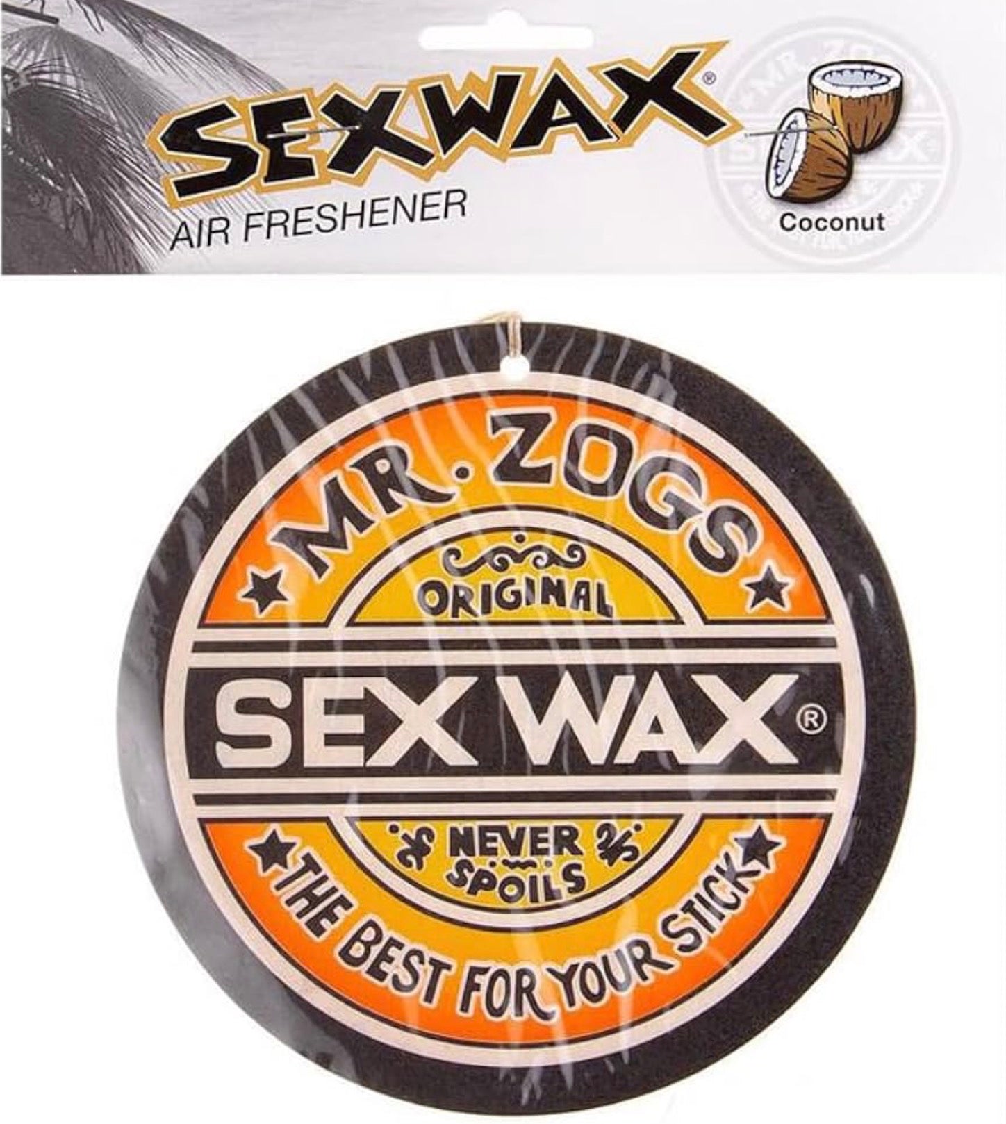 Giant Sex Wax air freshener packaging with branding and product details. Large