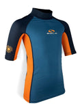Blue and orange short-sleeve shirt with a logo on a white background