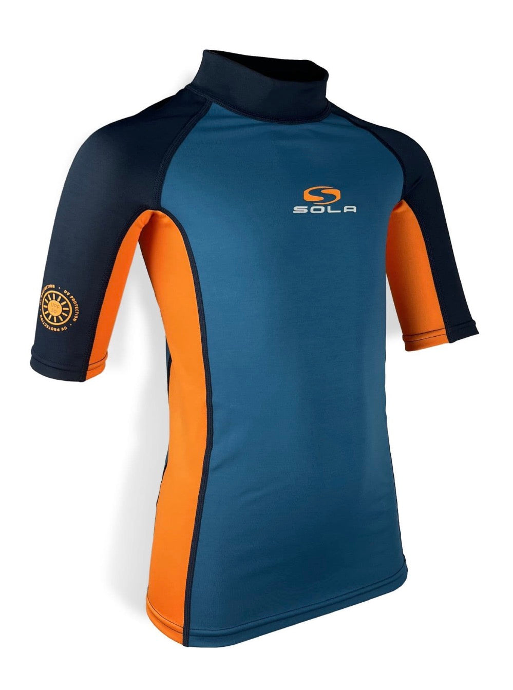 Blue and orange short-sleeve shirt with a logo on a white background