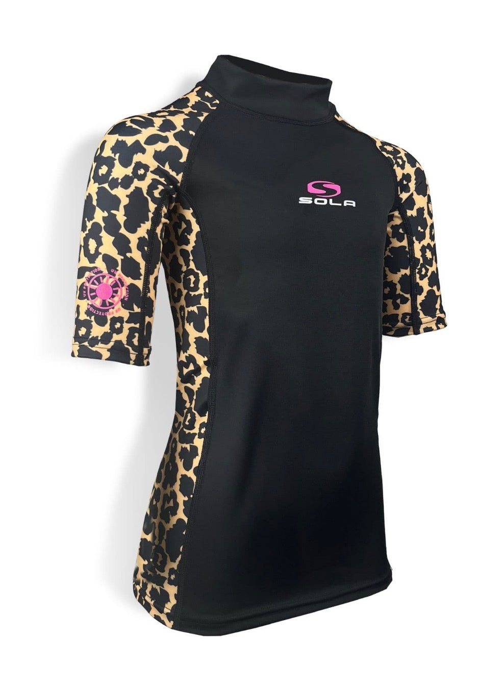 Black rashie with leopard print sleeves and a visible brand logo on a white background