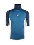 Blue and navy rash guard with a sola logo on a white background