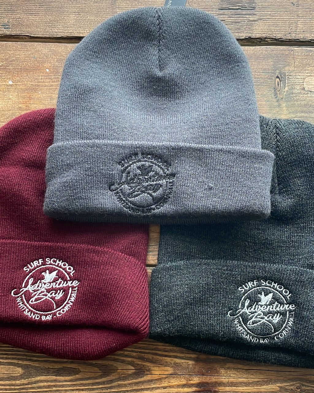 Adventure Bay Surf School beanie logo detail
