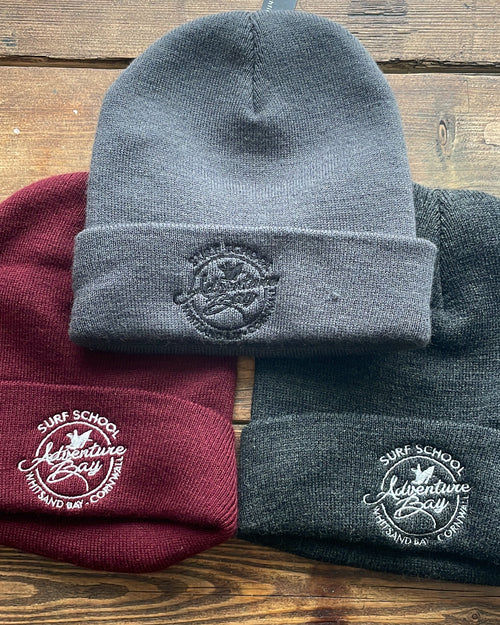 Adventure Bay Surf School beanie logo detail