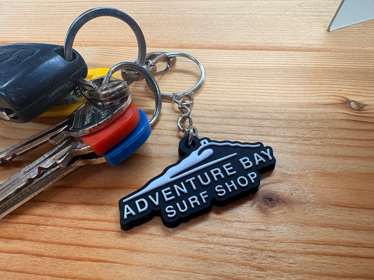 Adventure Bay Surf Shop branded key ring attached to keys