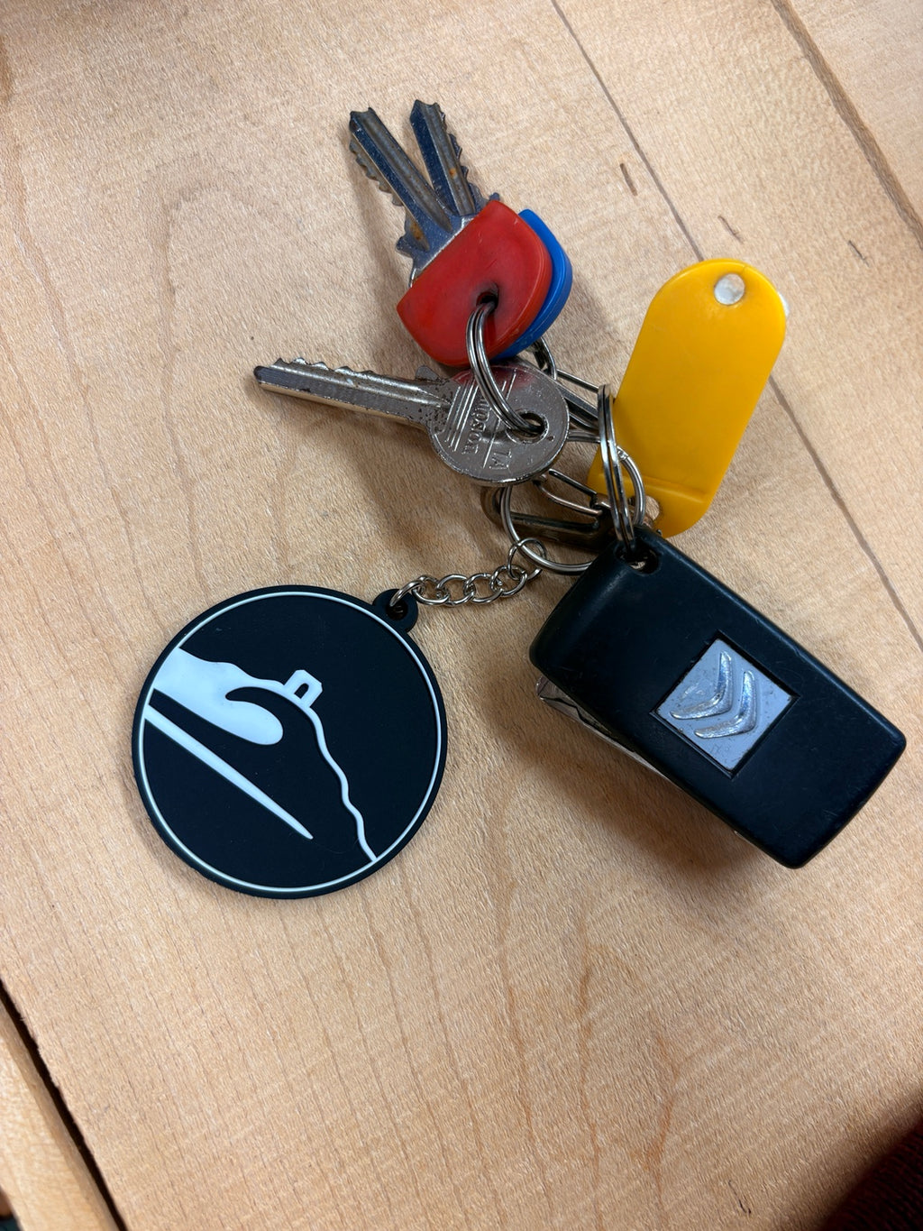 Adventure Bay Surf Shop round logo key ring attached to keys