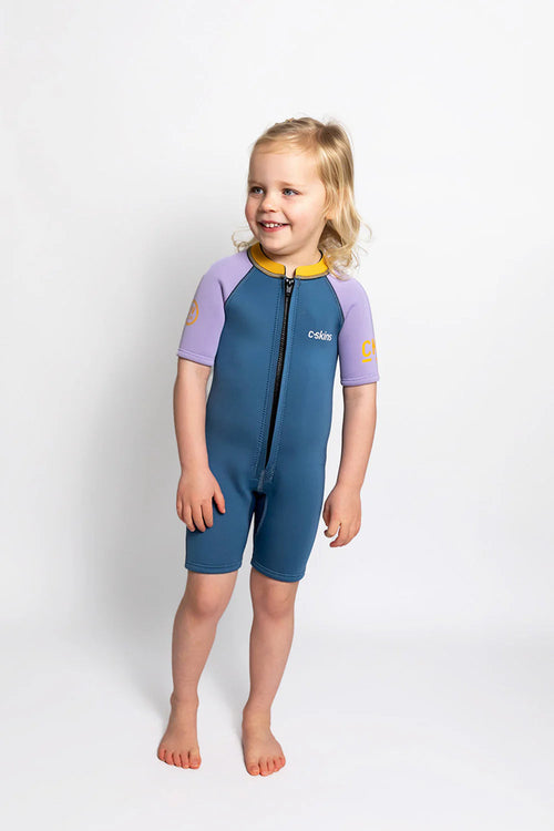 C-Skins NuWave C-Kid baby front zip shortie in bluestone and lime