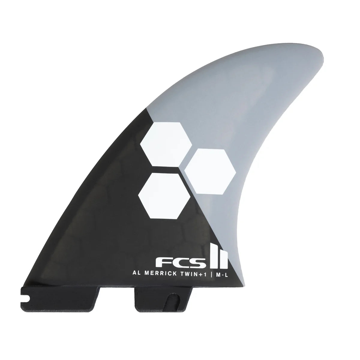 FCS II AM Twin + 1 Performance Core XL fins in Grey and Charcoal, alternate view