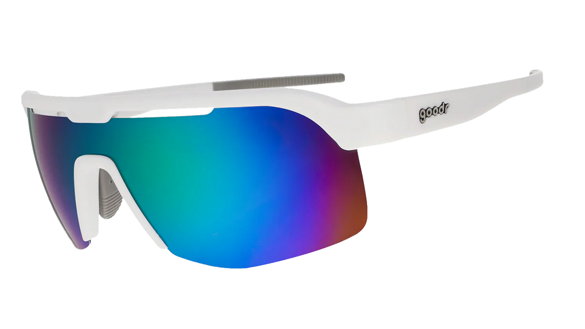 Goodr Aqua Shock Protocol sunglasses with green reflective lenses