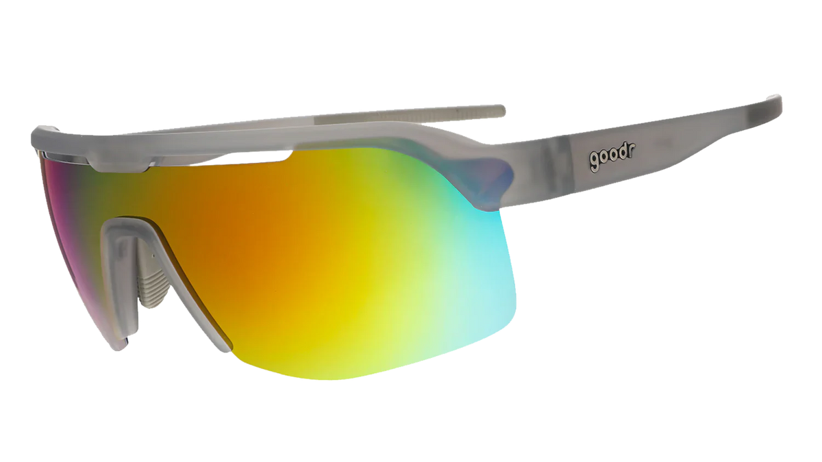 Goodr Bolt G Too Lit To Quit sunglasses with orange reflective lenses