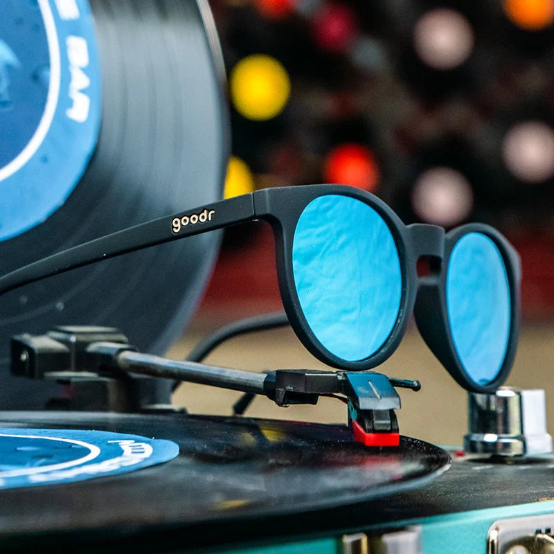 Goodr OG Midnight Ramble At Circle Bar sunglasses with record, product view