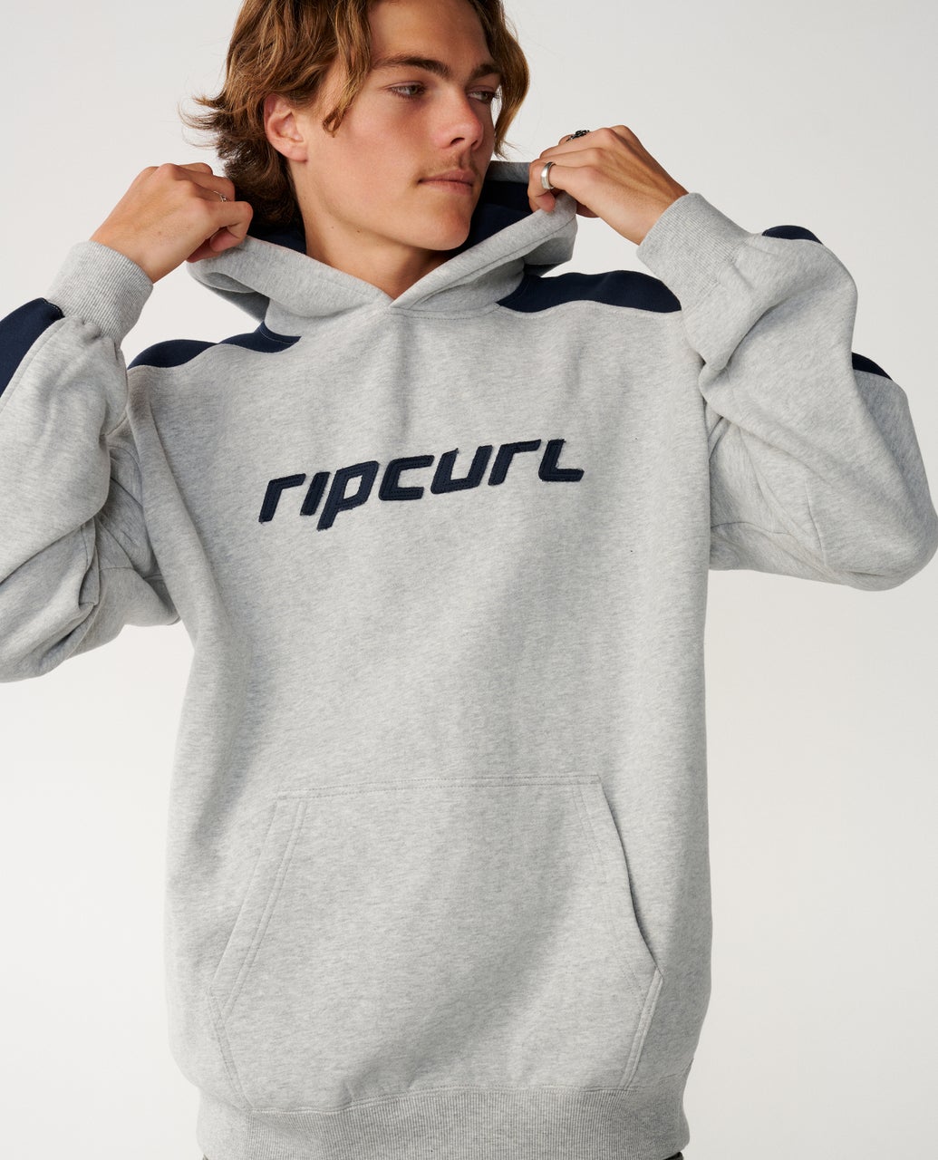Ripcurl Archive Panel Hoodie in grey marle, front close view