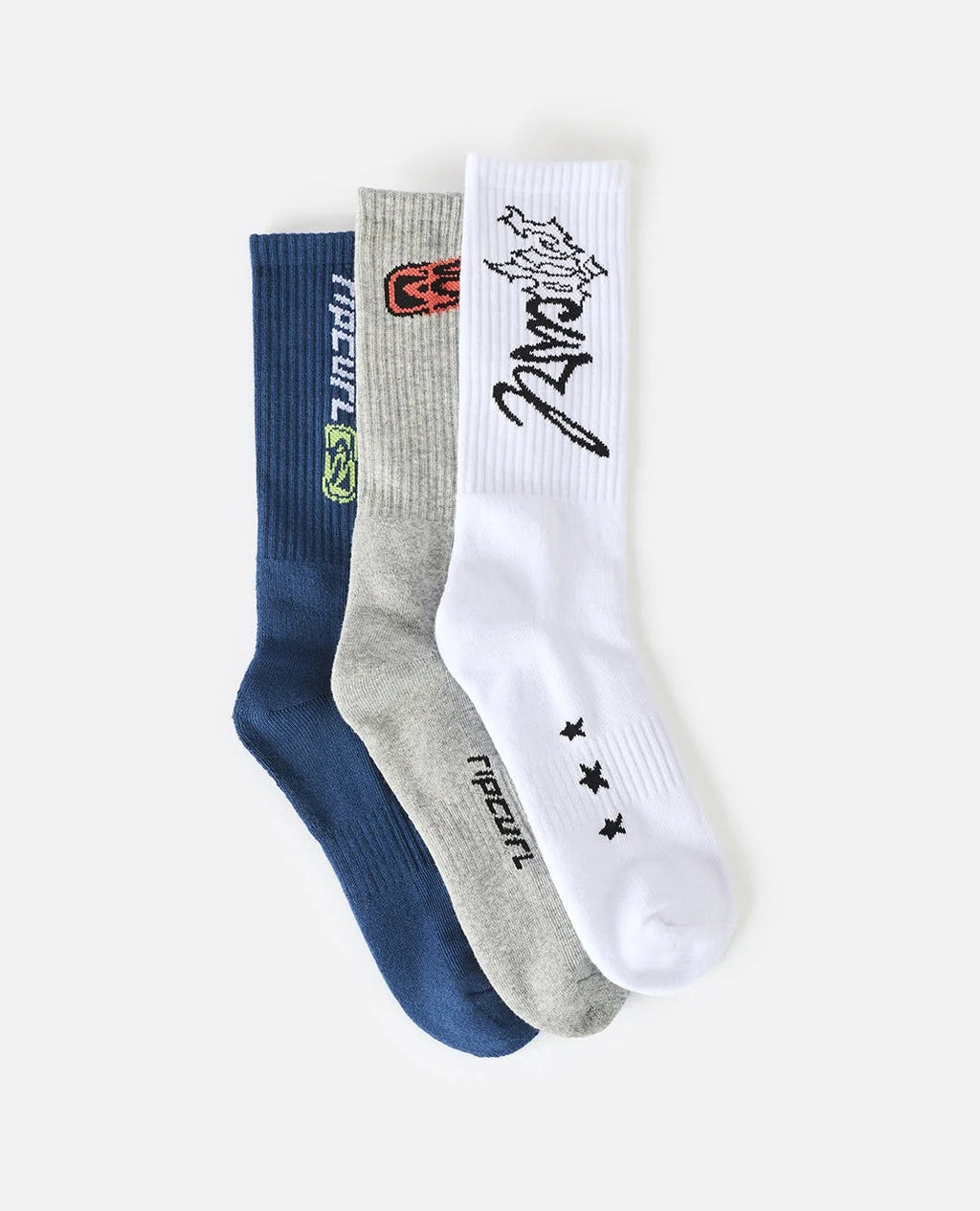 Ripcurl Crew Socks 3 Pack in blue, grey and white, full sock view