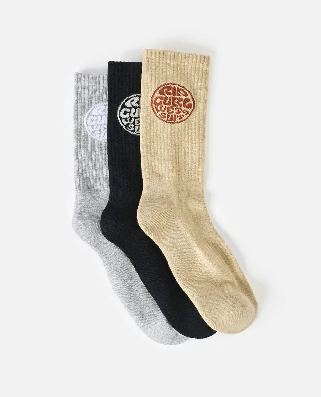 Ripcurl Crew Socks 3 Pack in grey, black and cream, full sock view