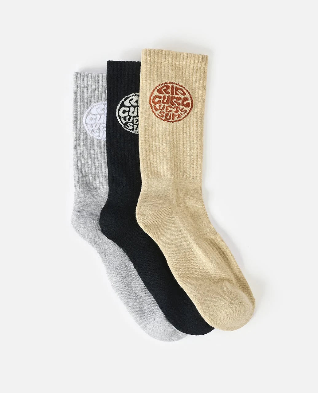 Ripcurl Crew Socks 3 Pack in grey, black and cream, full sock view