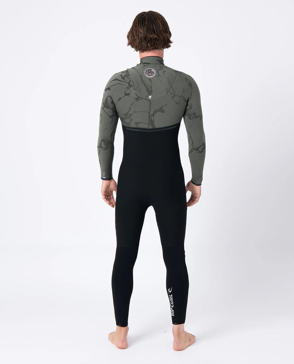 Ripcurl Men’s E-Bomb 3/2 Zip Free Wetsuit in Deep Cactus, back view
