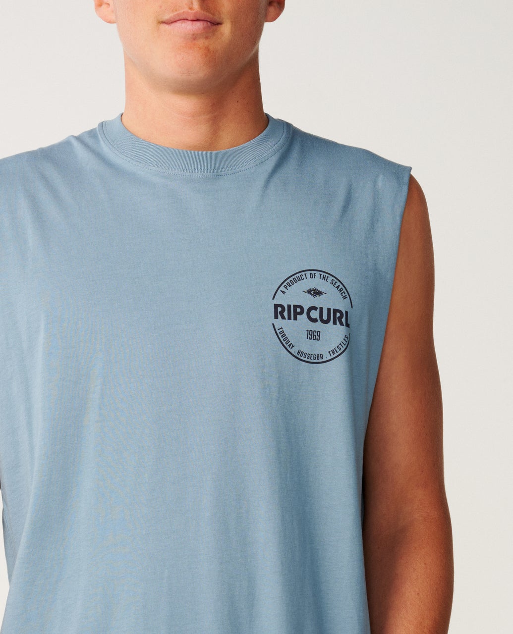 Ripcurl Men’s Staple Muscle in Citadel Blue, detail view