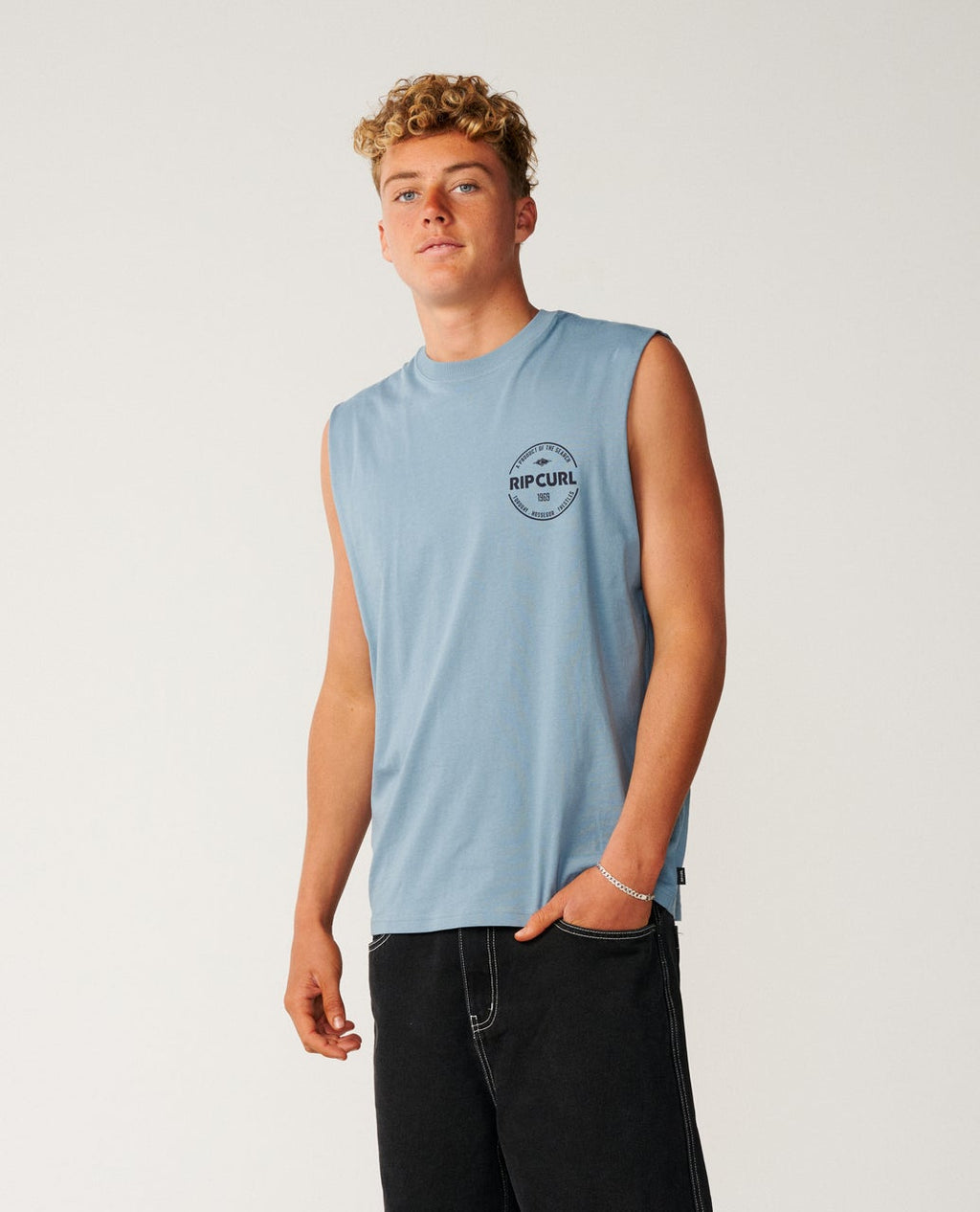 Ripcurl Men’s Staple Muscle in Citadel Blue, modelled view