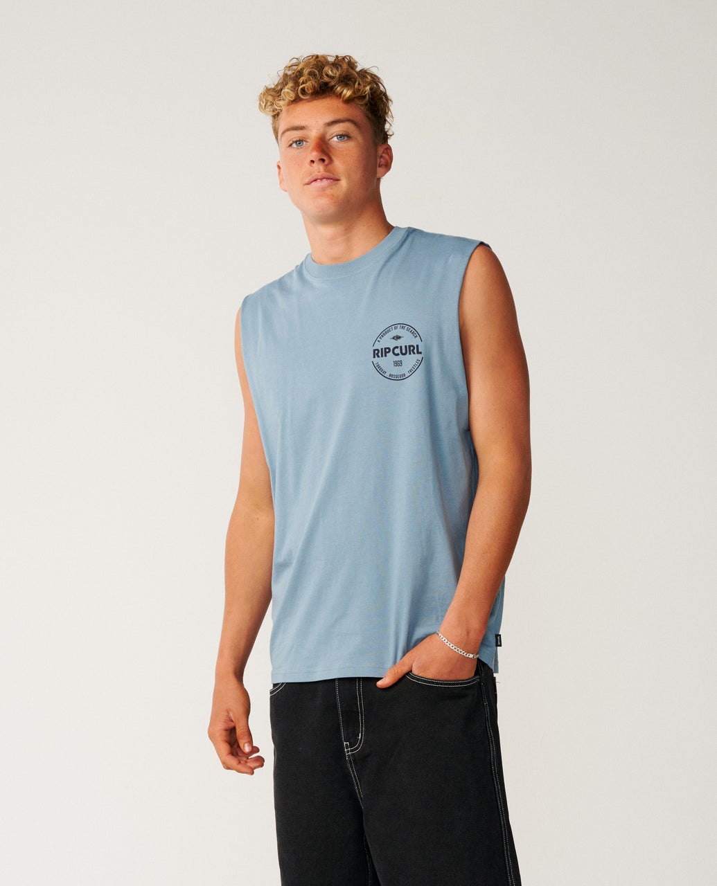 Ripcurl Men’s Staple Muscle in Citadel Blue, modelled view