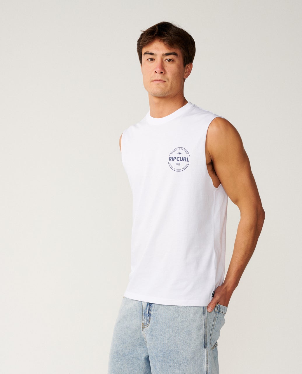 Ripcurl Men’s Staple Muscle in white, modelled view