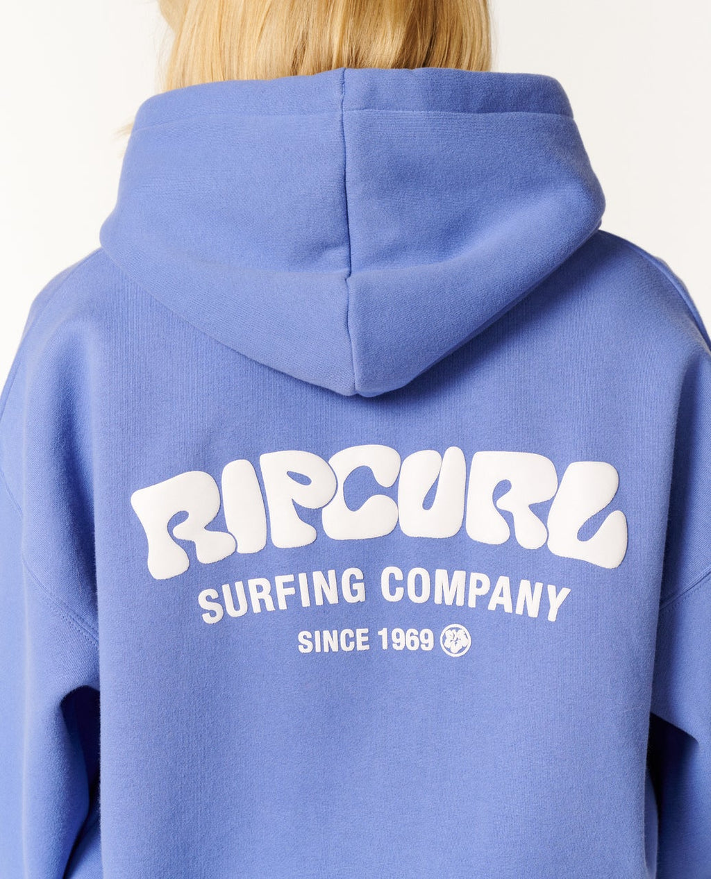 Ripcurl Surf Puff Heritage Hoodie in mid blue, back print detail