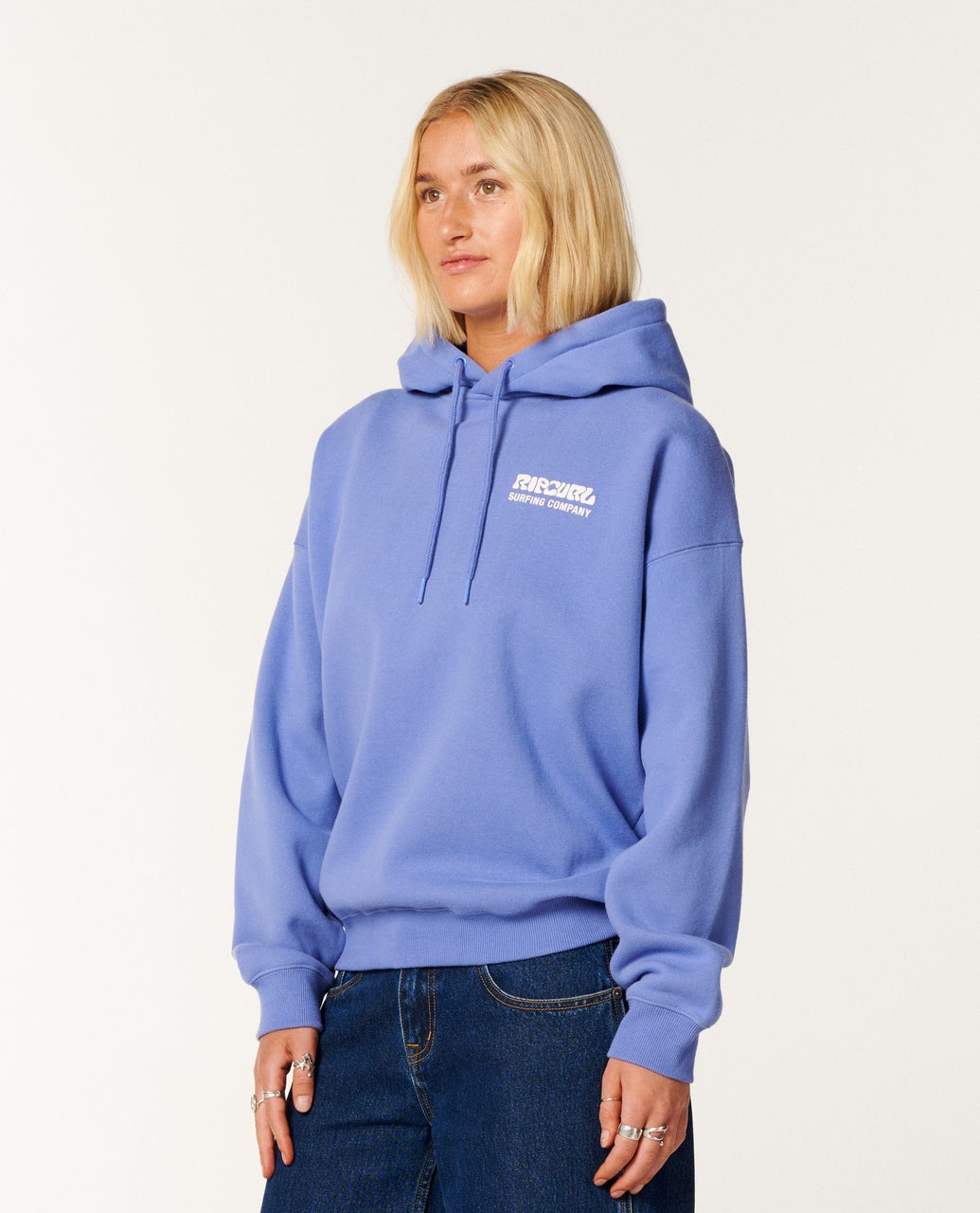 Ripcurl Surf Puff Heritage Hoodie in mid blue, front modelled view