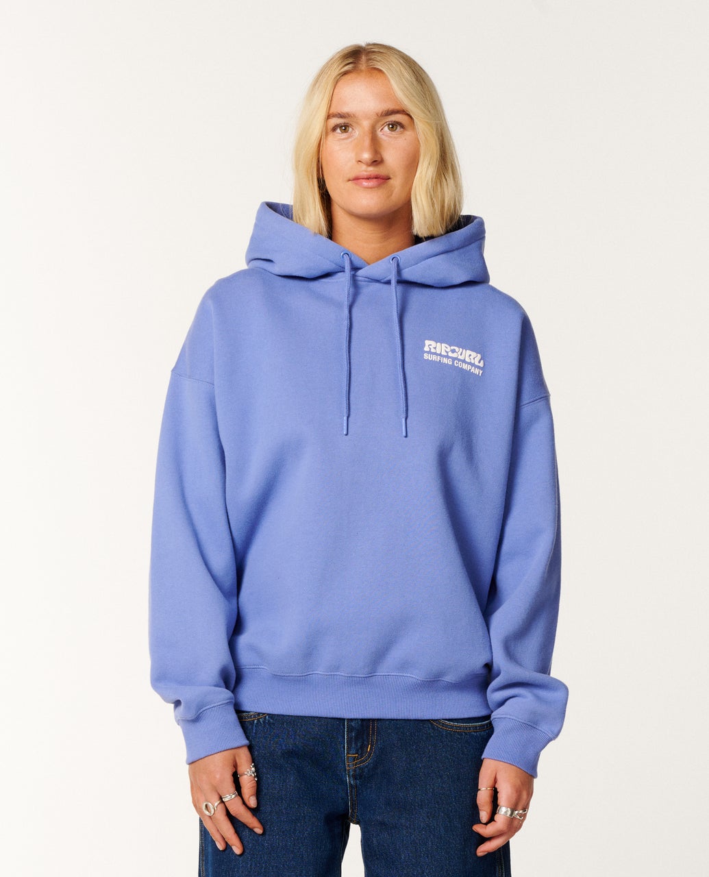 Ripcurl Surf Puff Heritage Hoodie in mid blue, front view