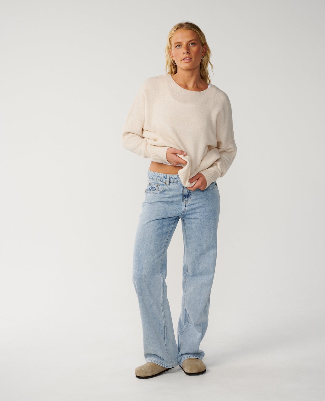 Ripcurl Women’s Emily Sweater in Ecru Marle, full modelled view
