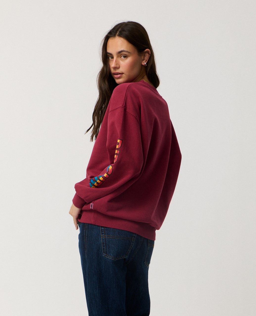 Ripcurl Women’s Stephanie Gilmore Heritage Oversized Fleece in Plum, back view modelled