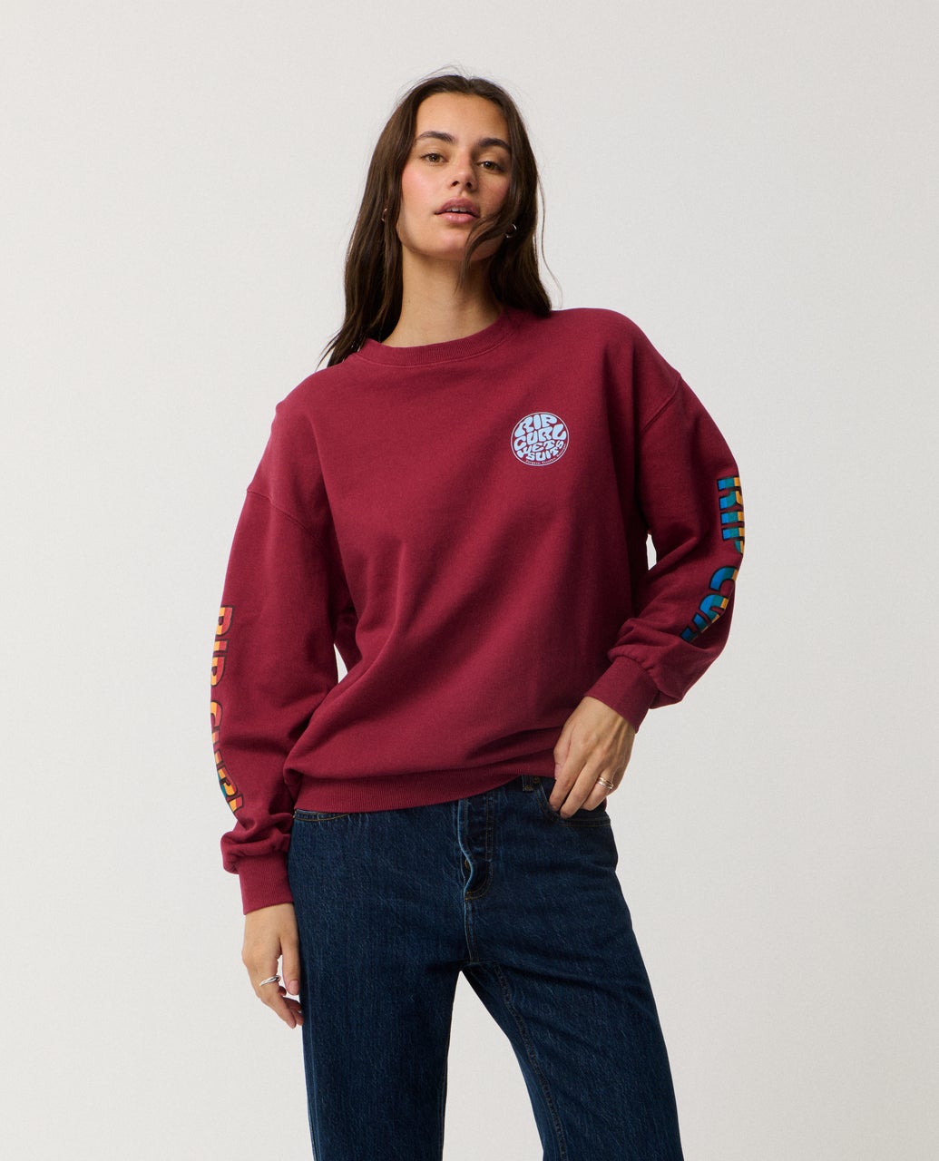 Ripcurl Women’s Stephanie Gilmore Heritage Oversized Fleece in Plum, front view modelled