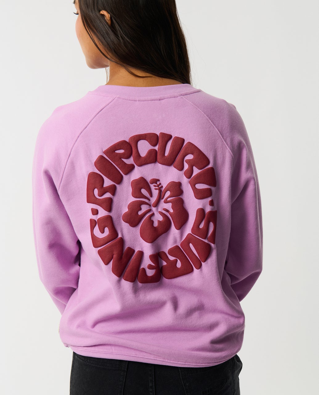 Ripcurl Women’s Surf Puff Raglan Relaxed Crew in bright lilac, back detail
