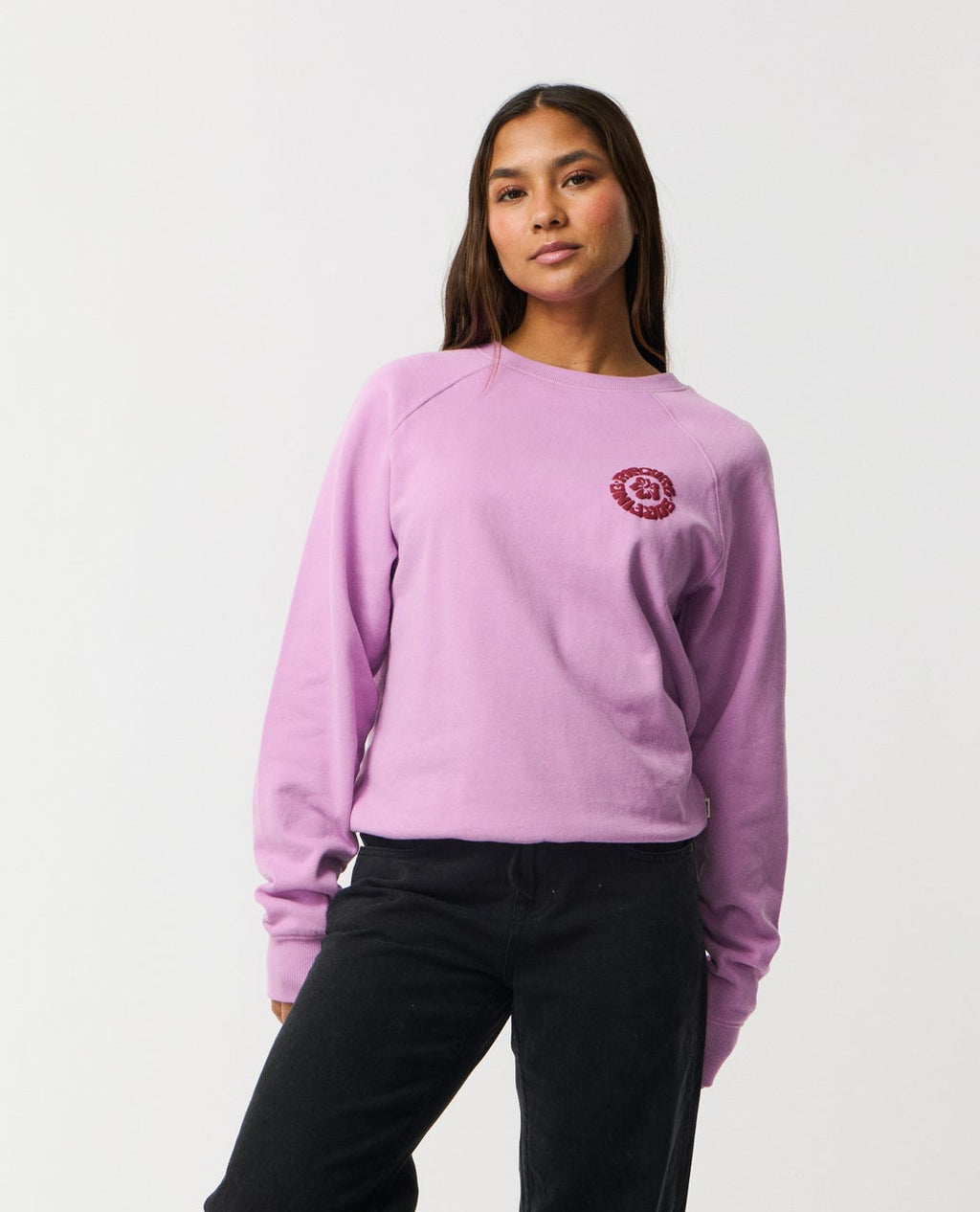 Ripcurl Women’s Surf Puff Raglan Relaxed Crew in bright lilac, front view