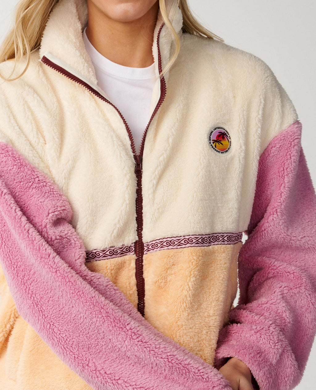 Ripcurl Women’s Surf Revival Heritage Zip Through Polar Fleece in Shell, detail view