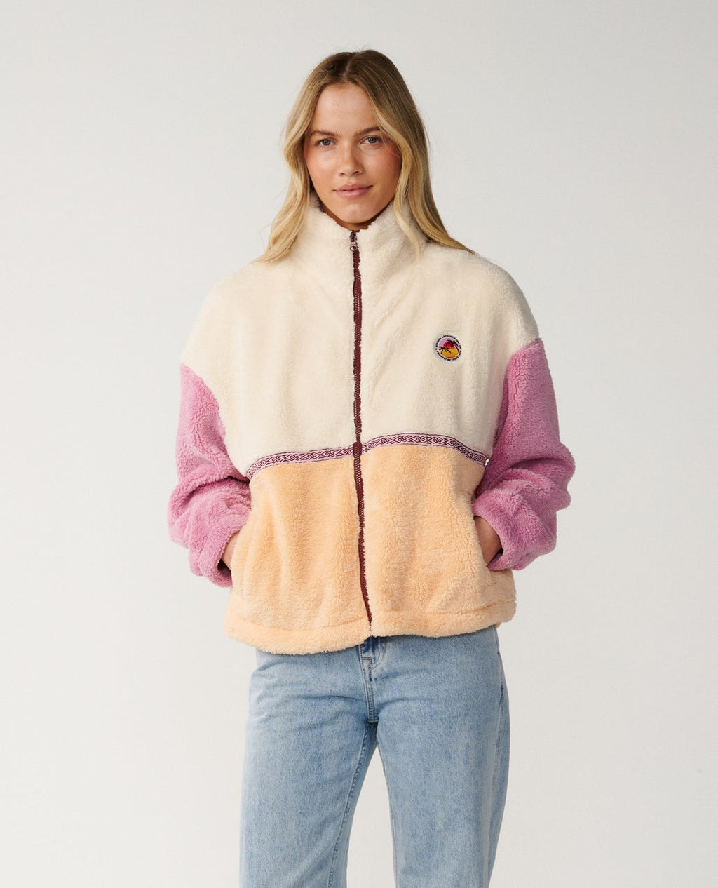Ripcurl Women’s Surf Revival Heritage Zip Through Polar Fleece in Shell, front view